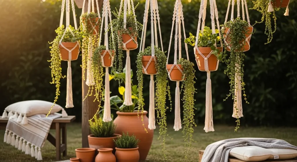 Macrame planters in boho garden