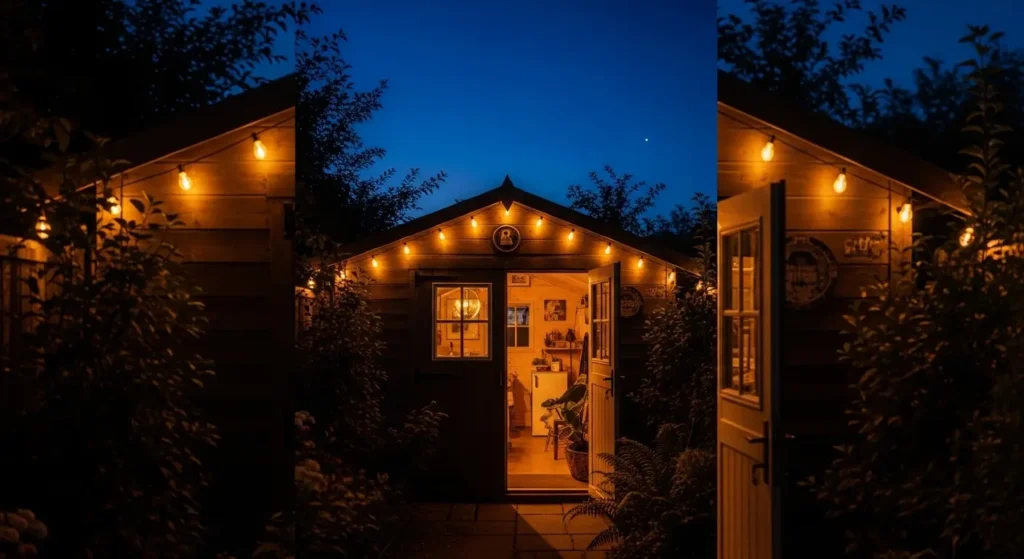 Magical backyard shed evening glow