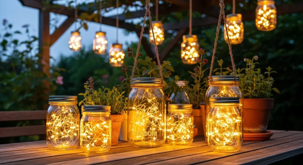 Mason jar lanterns on garden