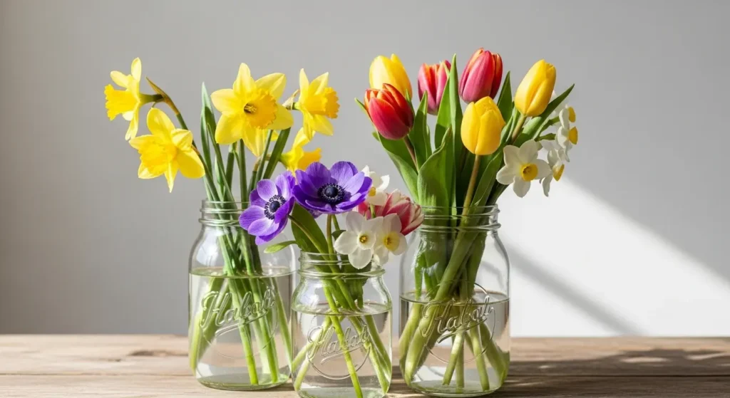 Mason jars with spring flowers