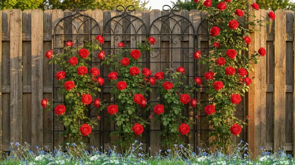 Metal trellis panel climbing roses
