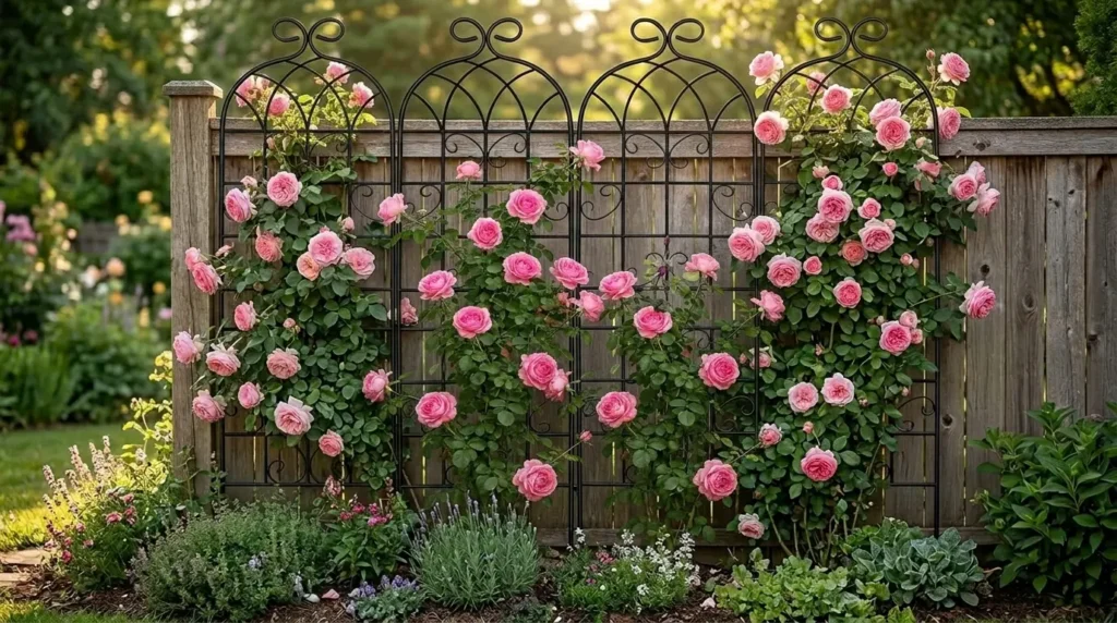 Metal trellis with climbing roses