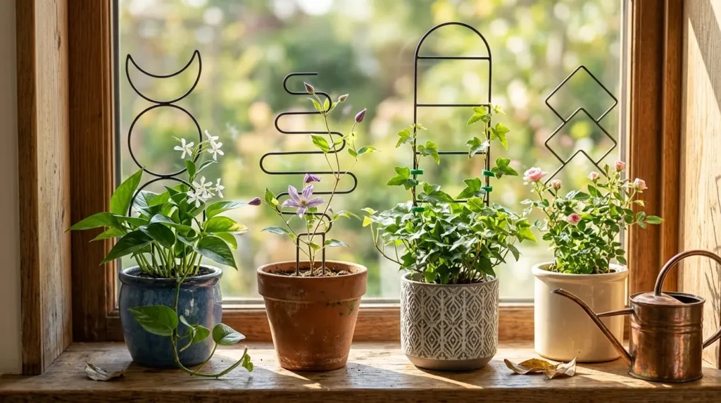 Mini trellises with climbing plants