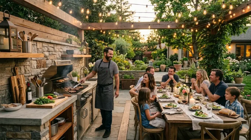 Outdoor kitchen dining connection
