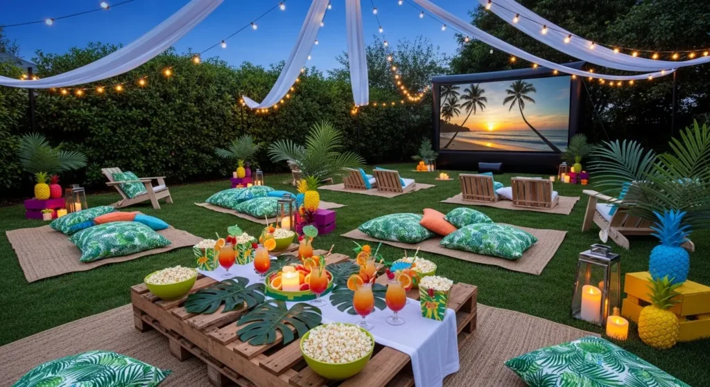 Outdoor movie night tropical theme