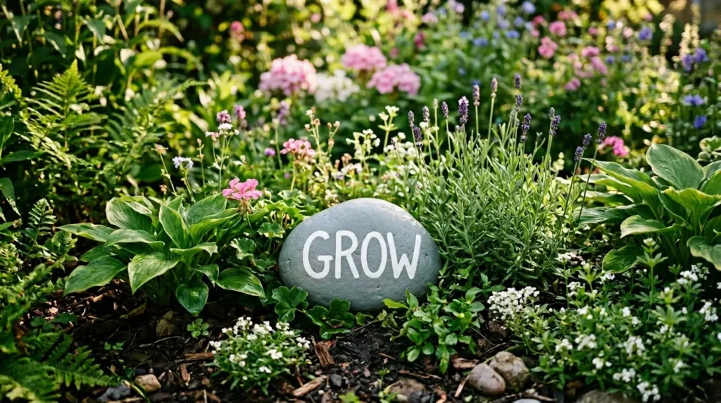 Painted rock with word GROW