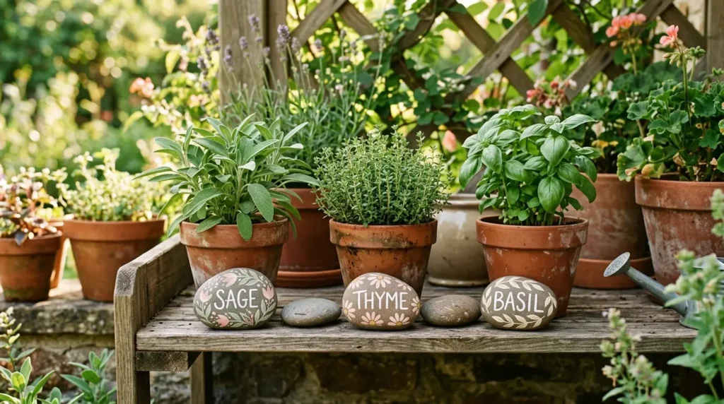 Painter rocks beside herbs garden rock art ideas