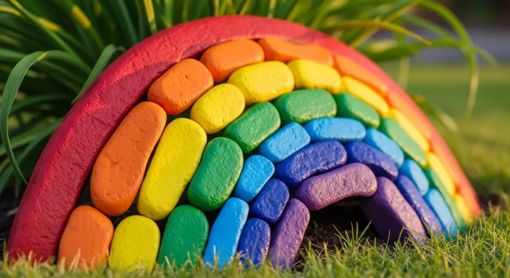 Painted rocks in garden bed