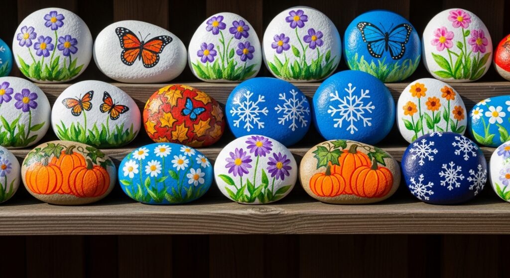 Painted rocks on garden wall