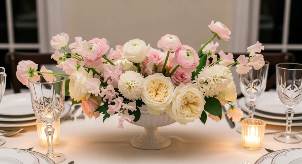 Pastel flower centerpiece on table