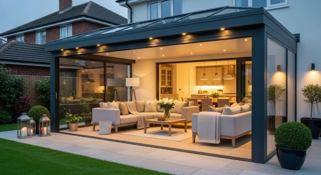Patio roof extension connected home