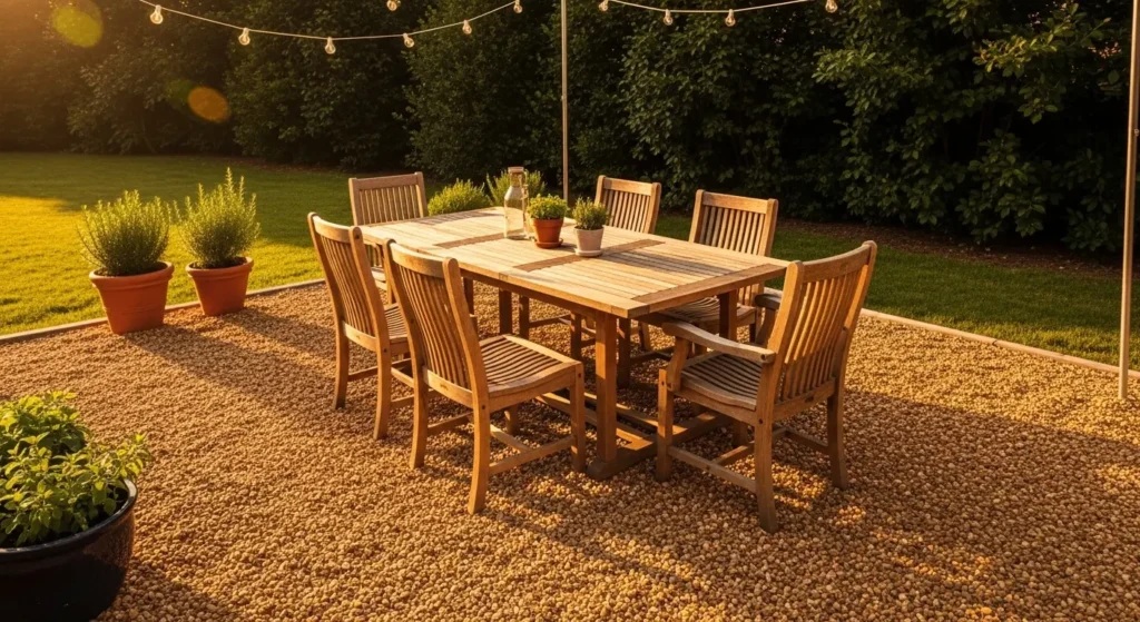 Pea gravel patio with dining