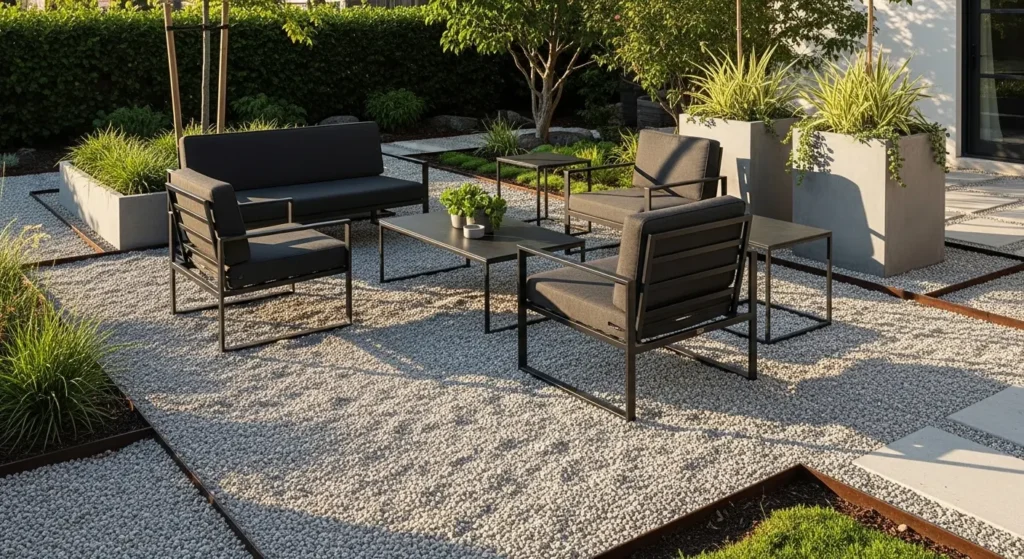 Pea gravel patio with furniture