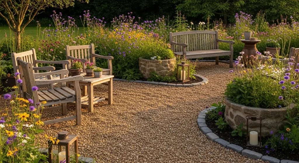 Pea gravel patio with wildflowers