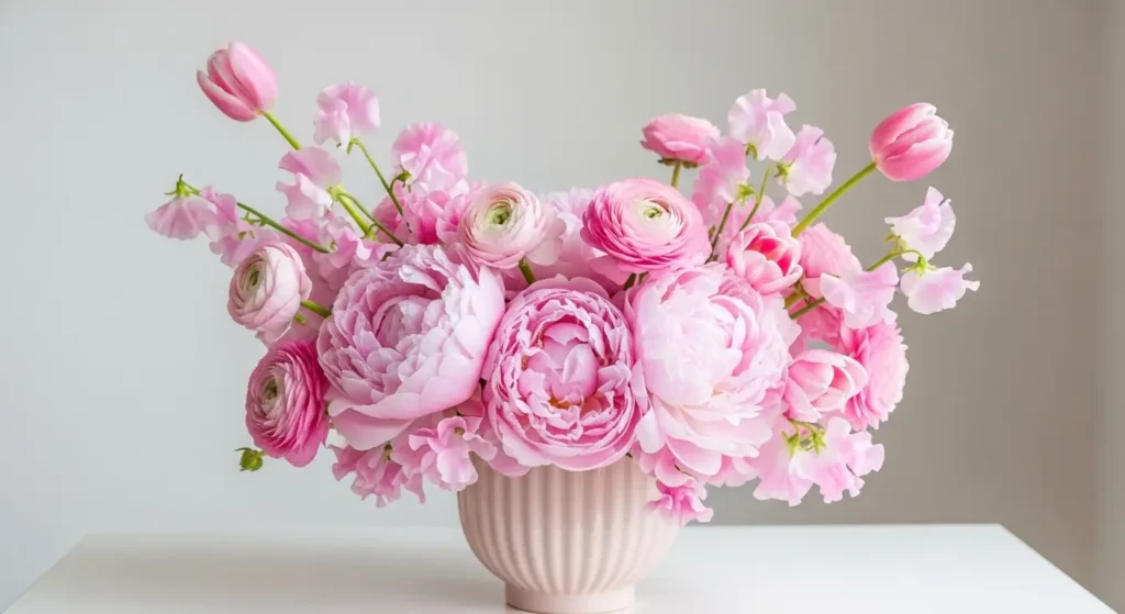 Pink spring floral arrangement vase