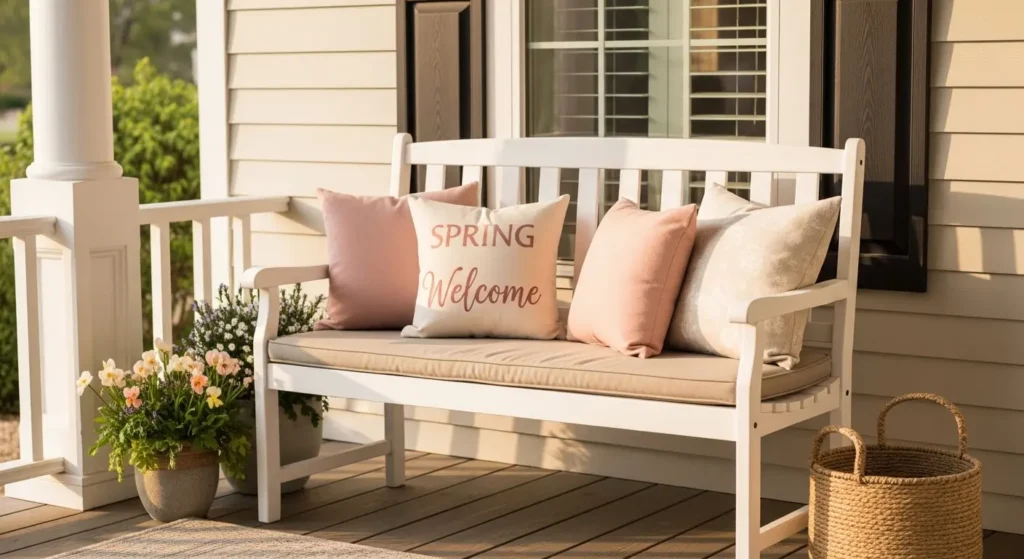 Porch bench styled for spring