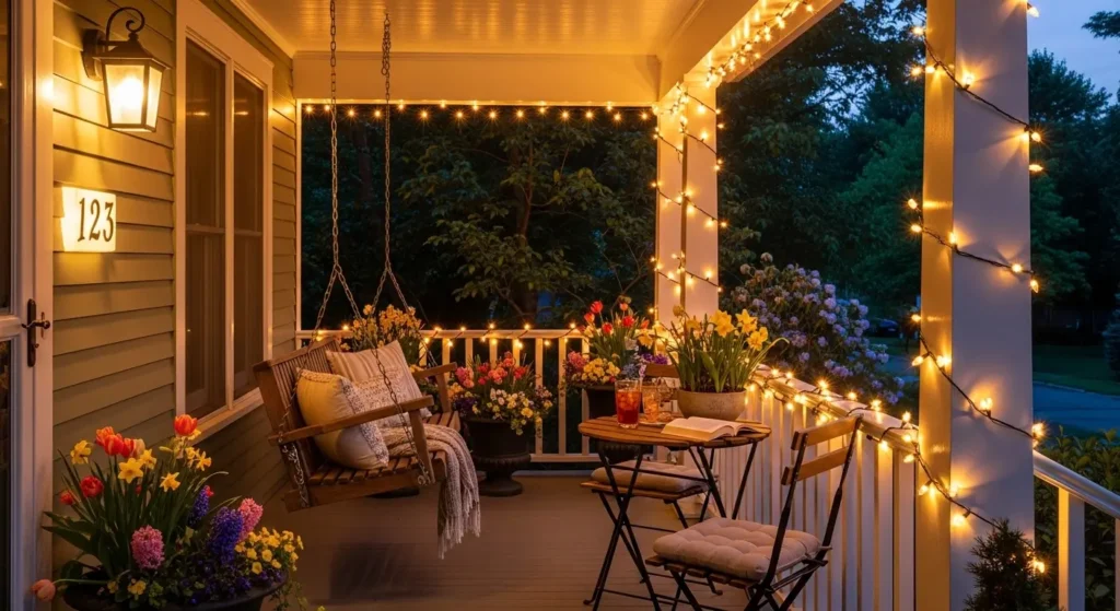 Porch lights glowing on porch
