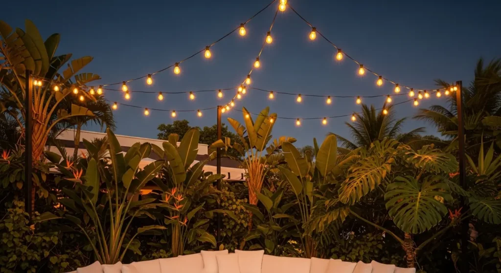 Resort patio with string lights