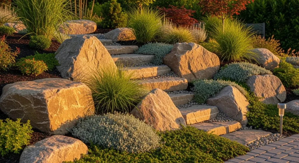 Rock garden with ornamental grasses