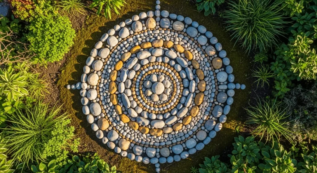 Rock mandala on garden ground
