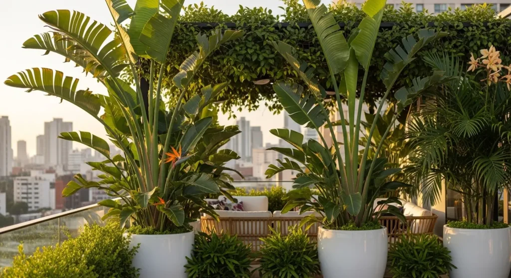 Rooftop garden with tropical plants