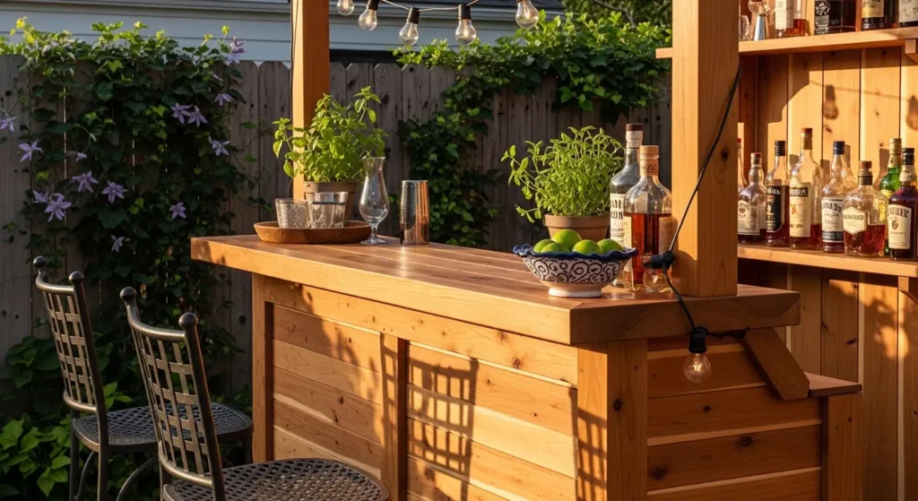 Rustic cedar wood backyard bar