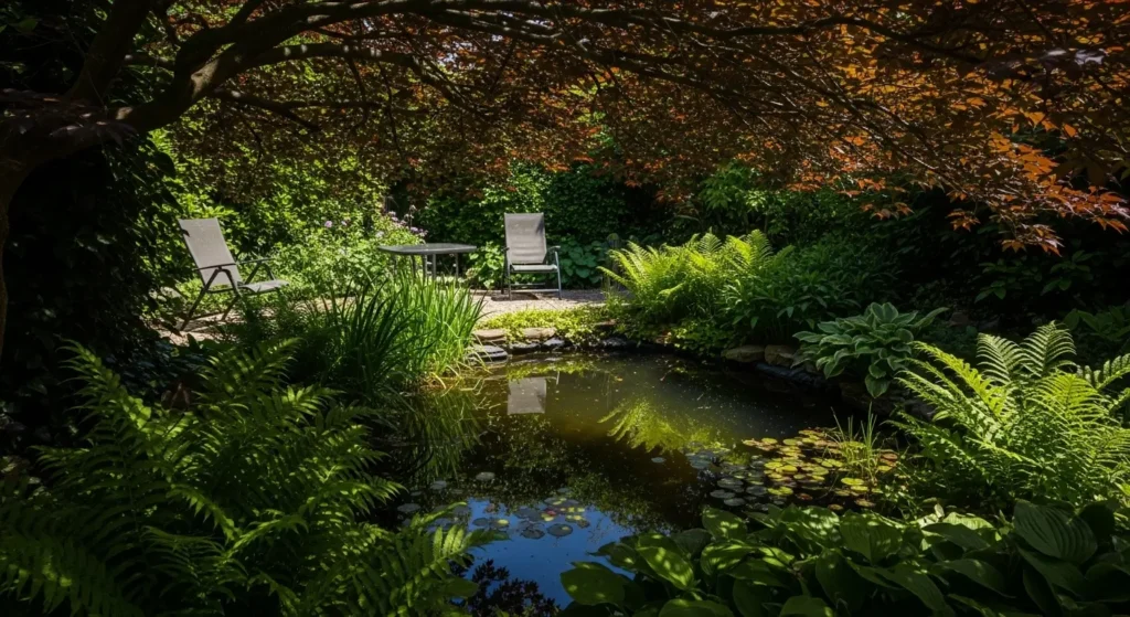 Shaded relaxation pond garden