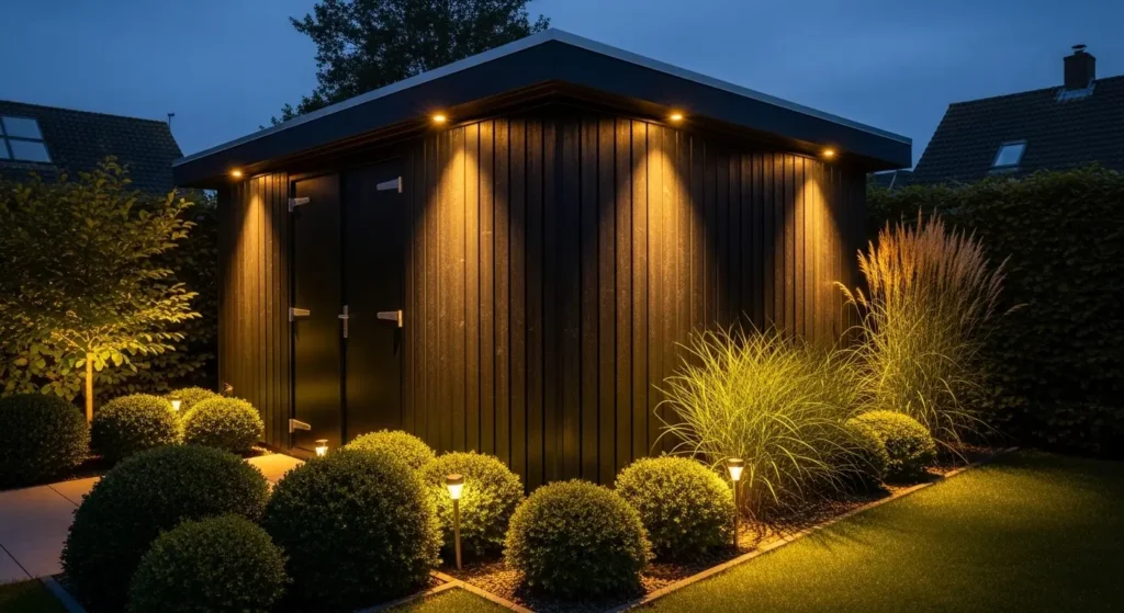 Shed illuminated by solar spotlights
