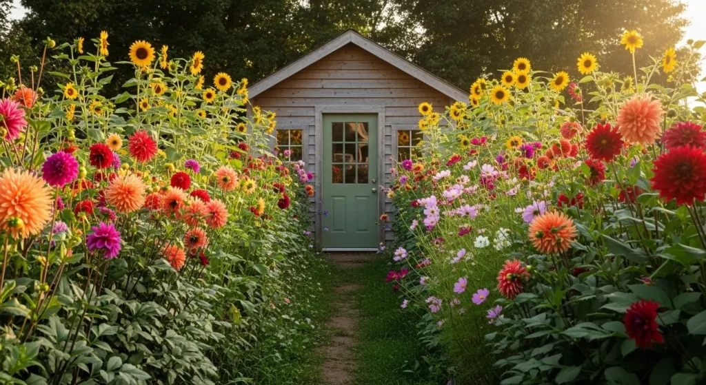 Shed surrounded by cutting garden