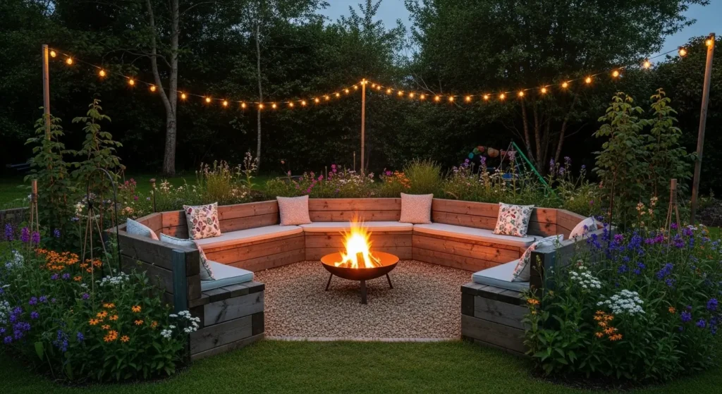 Sleeper fire pit surround garden