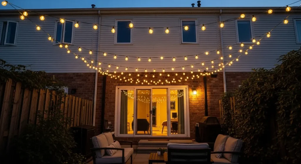 String lights in townhouse backyard