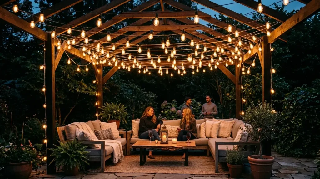 String lights over backyard lounge