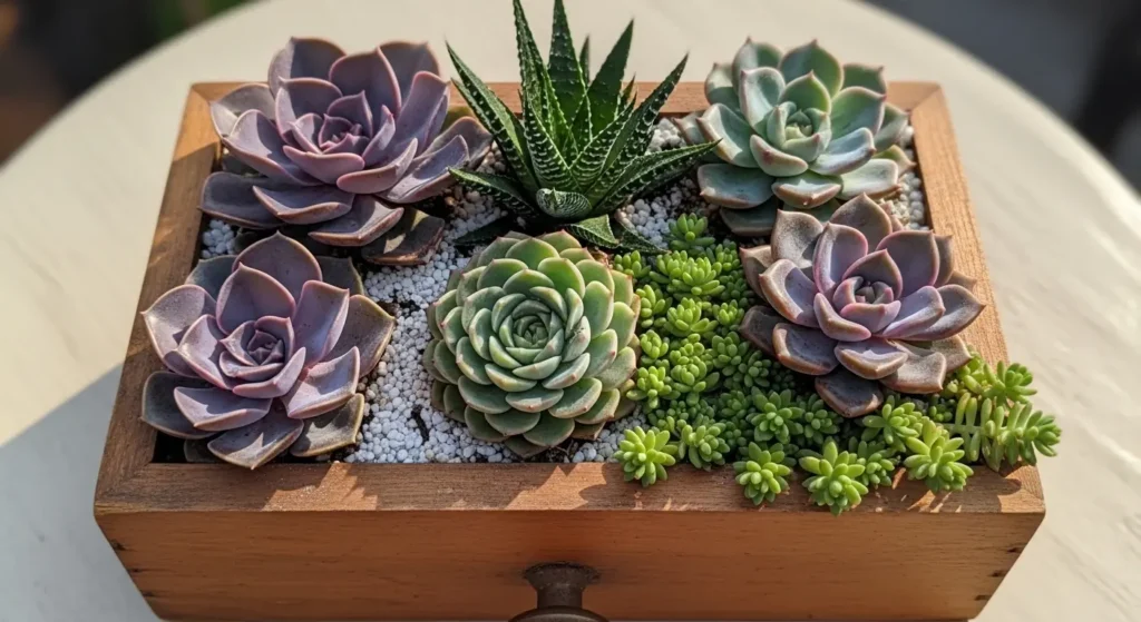 Succulent arrangement in wooden