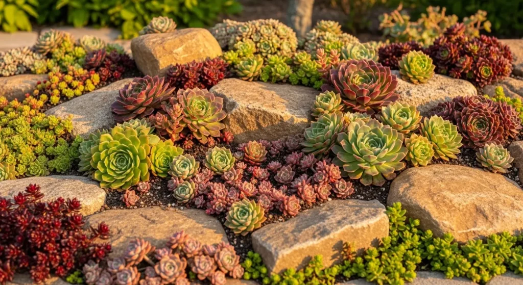 Succulents planted around rocks