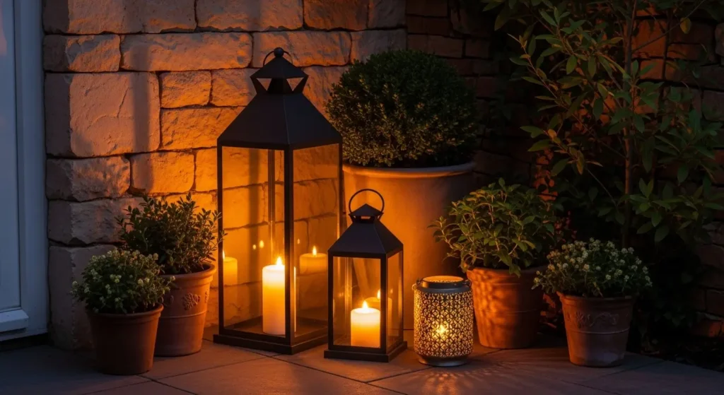 Three outdoor lanterns in garden