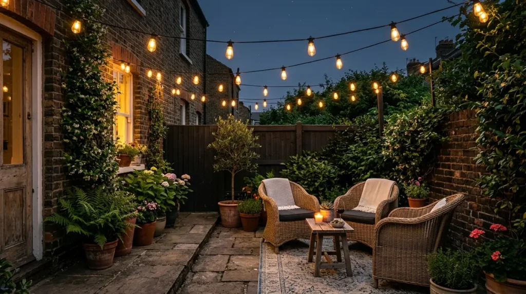 Townhome backyard with string lights