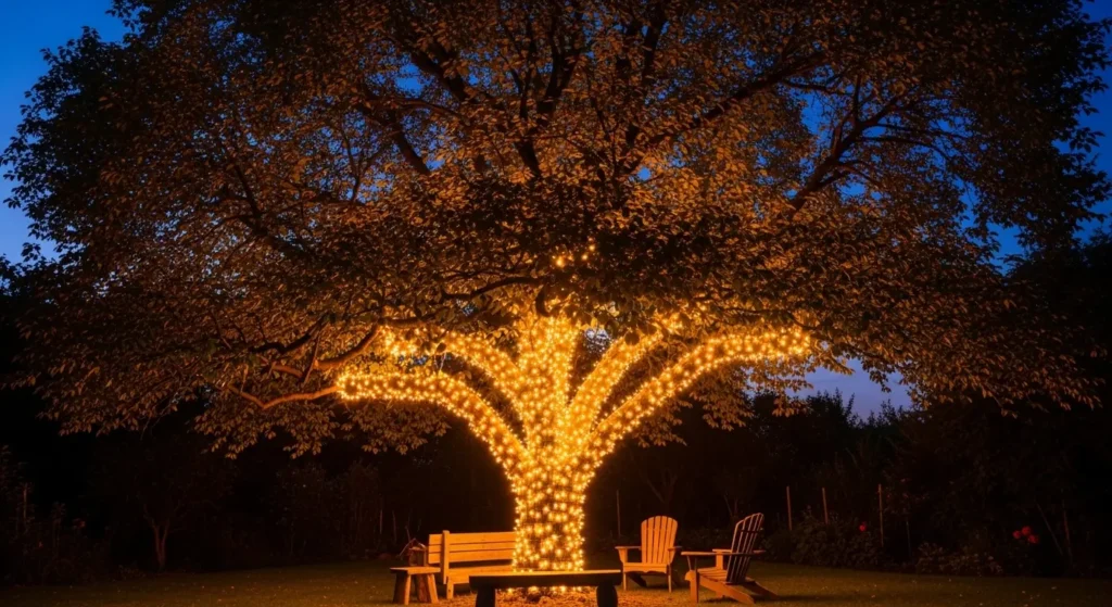 Tree lighting garden at dusk