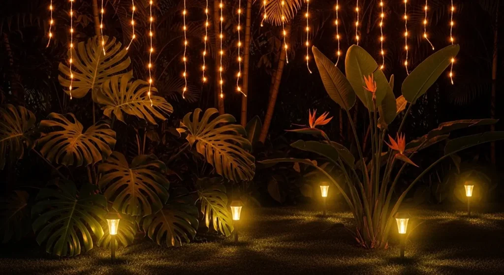 Tropical night garden warm lights