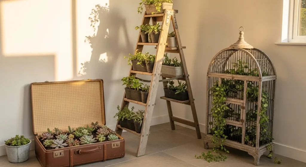 Upcycled plant display garden