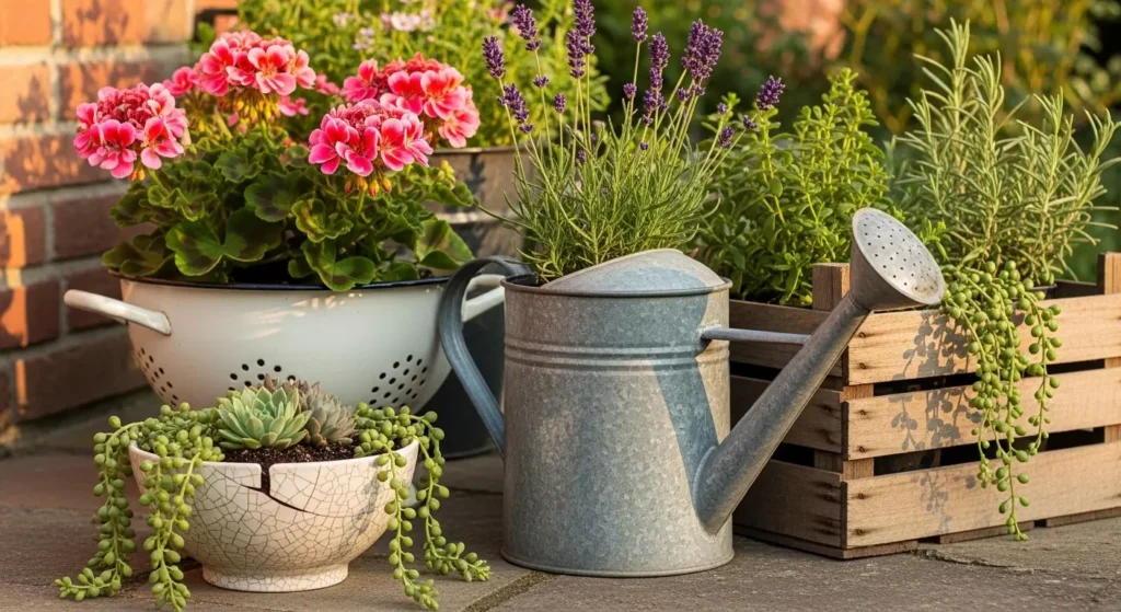 Upcycled planters in garden corner