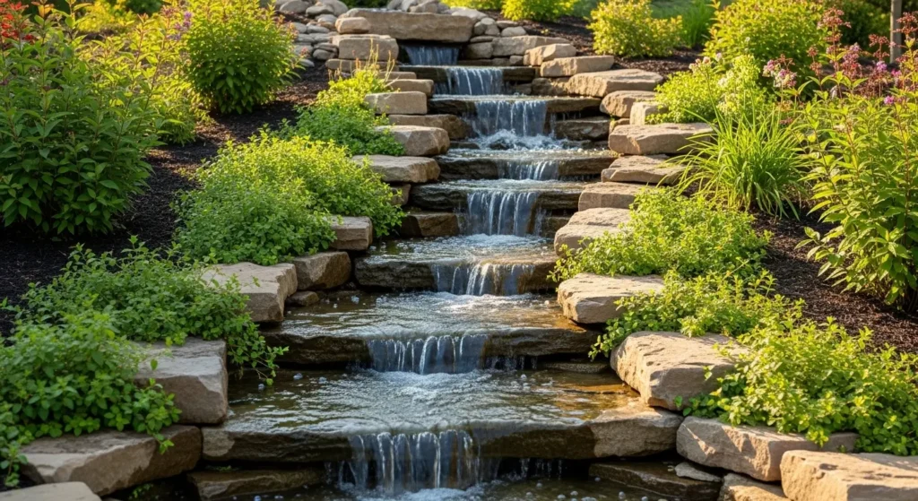 Water cascade flowing down backyard