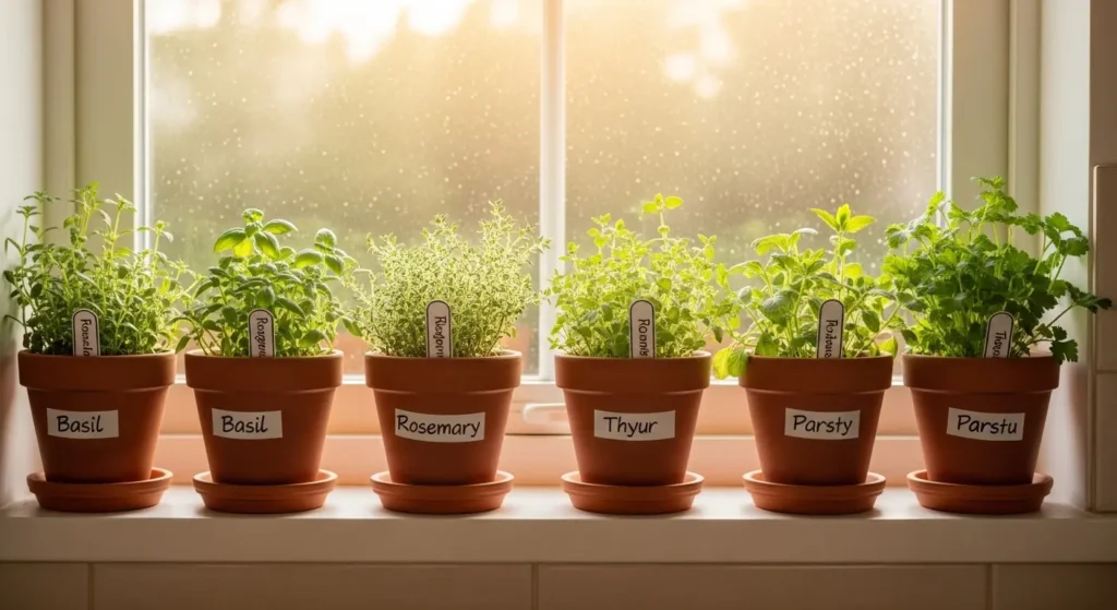 Windowsill herb garden with pots