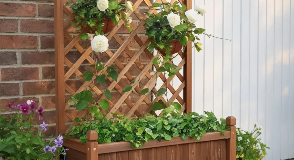 Wood planter with climbing roses