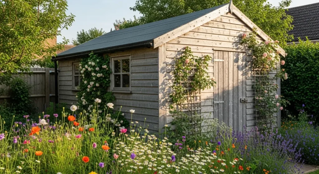 Wood shed with climbing plants