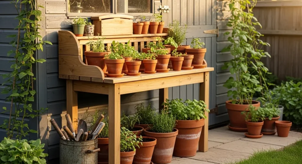 Wooden potting bench outside shed