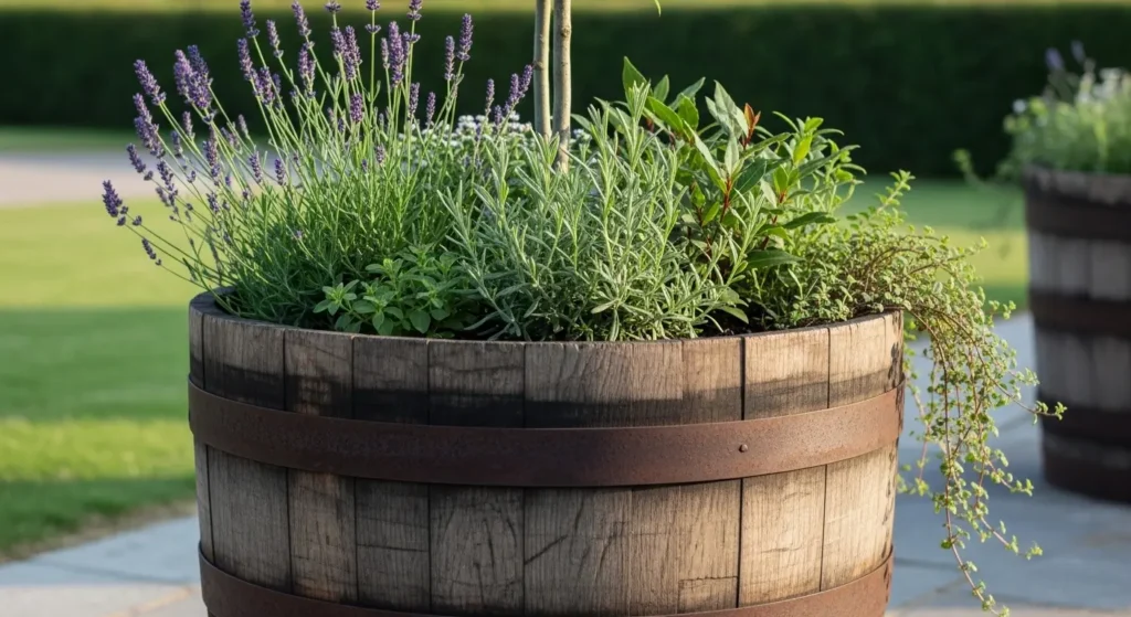 Antique barrel garden planter
