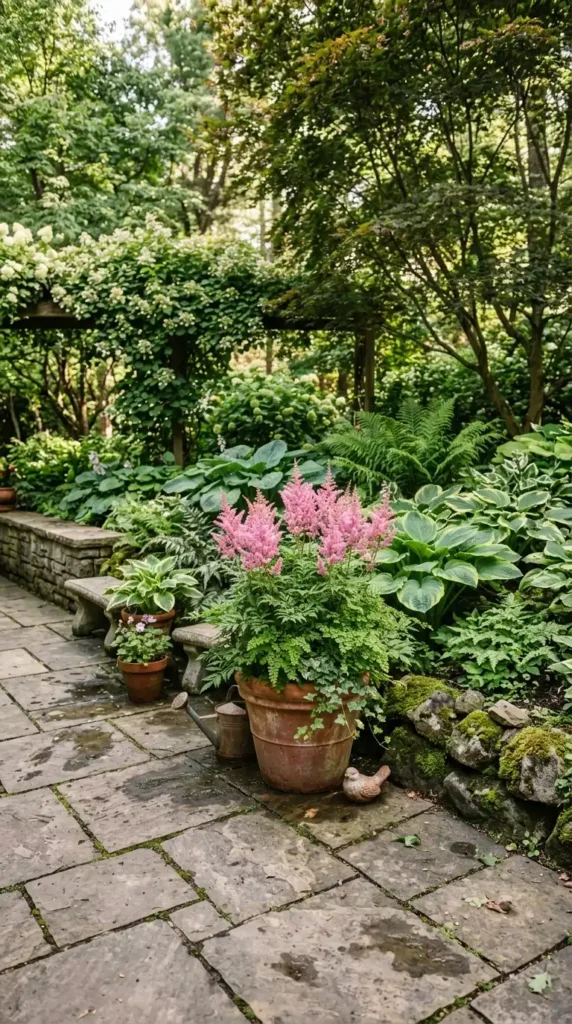Astilbe in pot shaded patio
