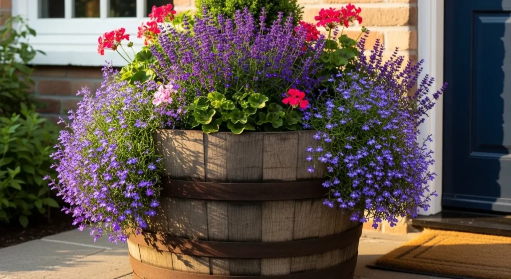 Barrel planter overflowing