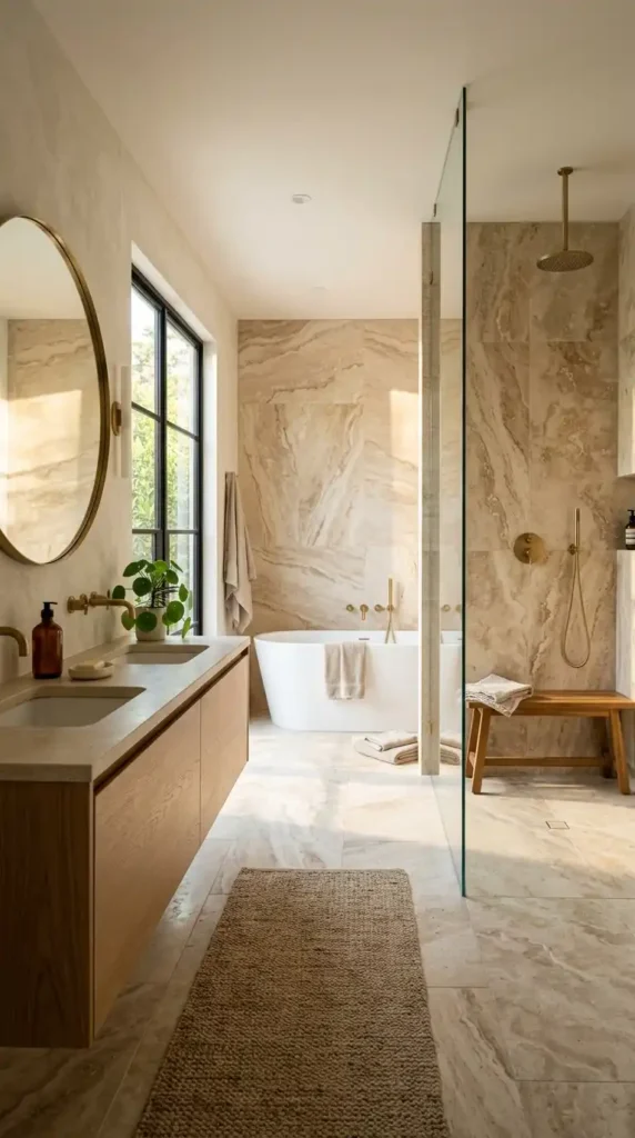 Bathroom travertine tile warm tones