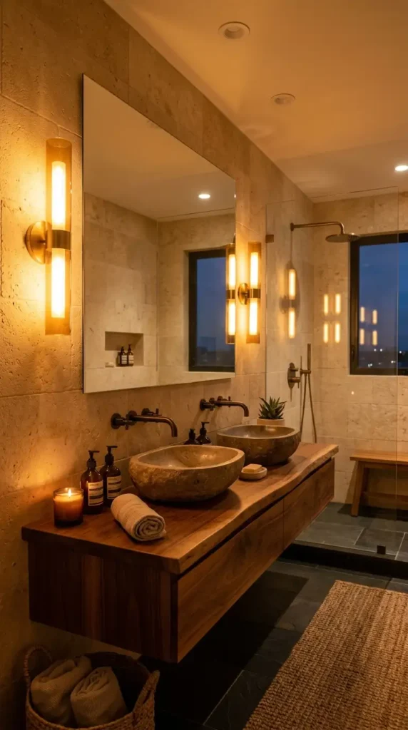 Bathroom with warm layered lighting